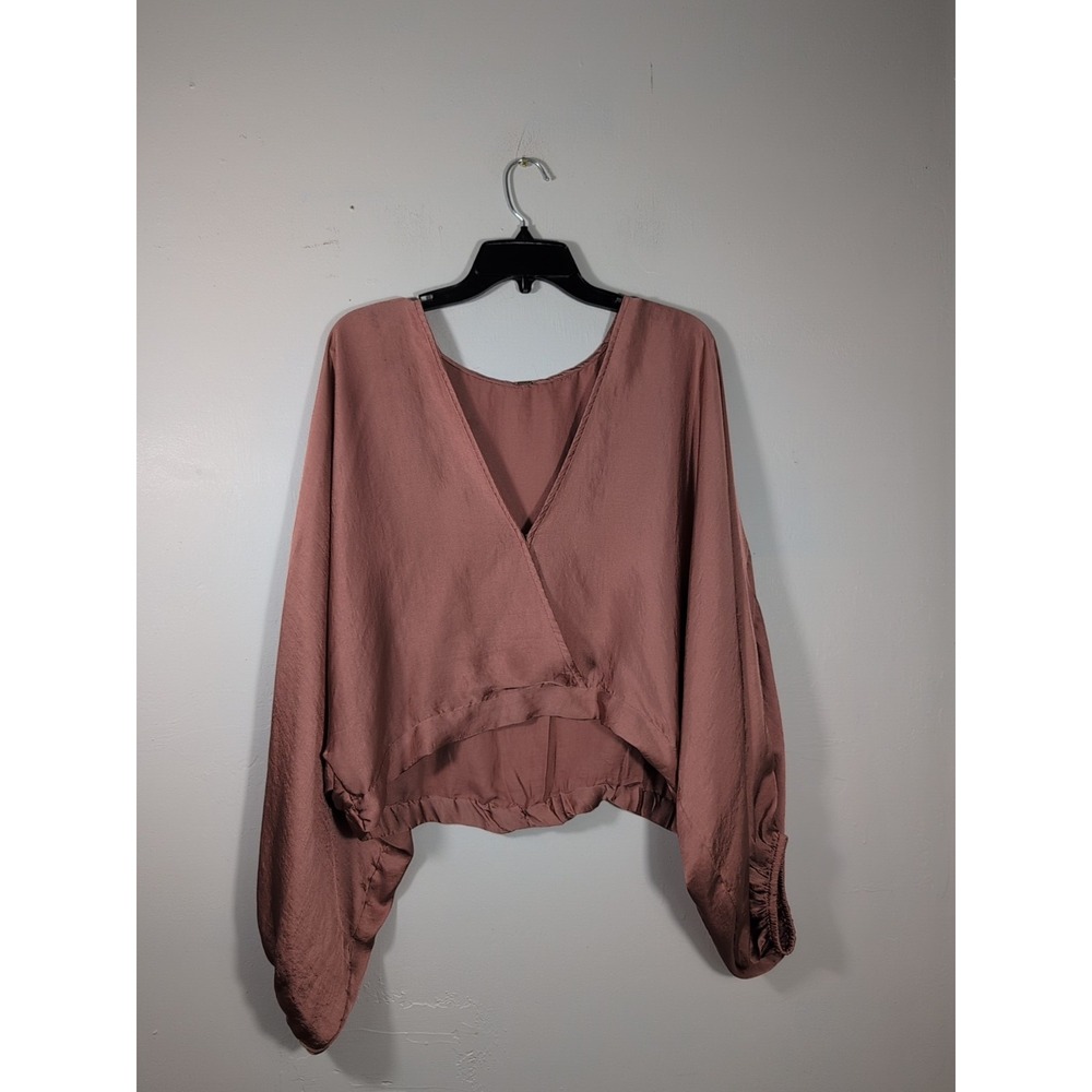 Free People Womens Mauve Satin V-Neck Faux Wrap Top Balloon Sleeve Size M